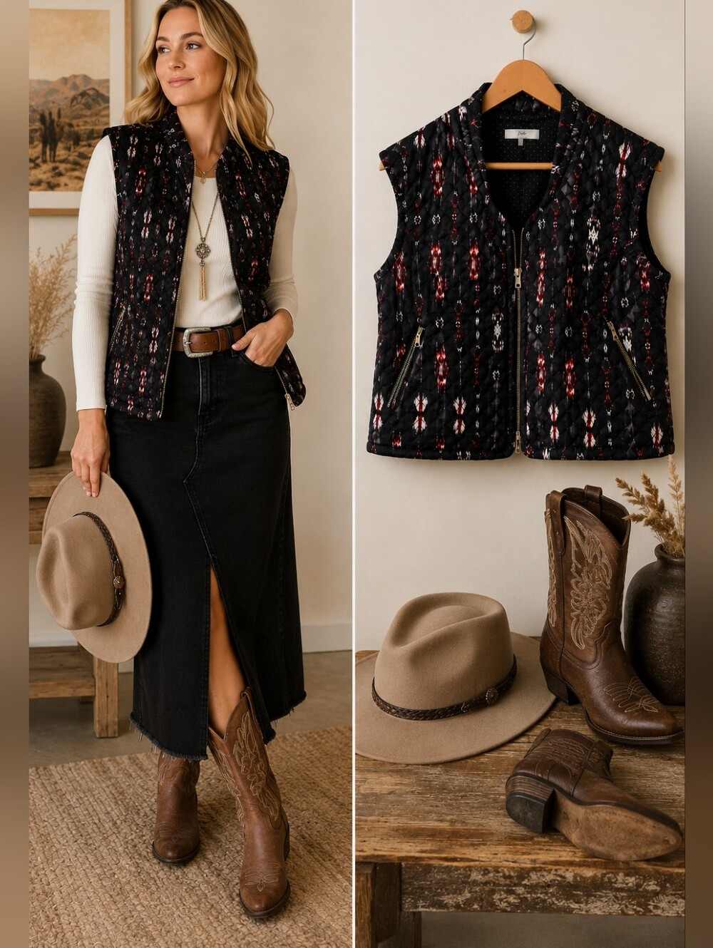 Fate Quilted Lightweight Vest L Black Boho Print Western Style Zip Front Pockets